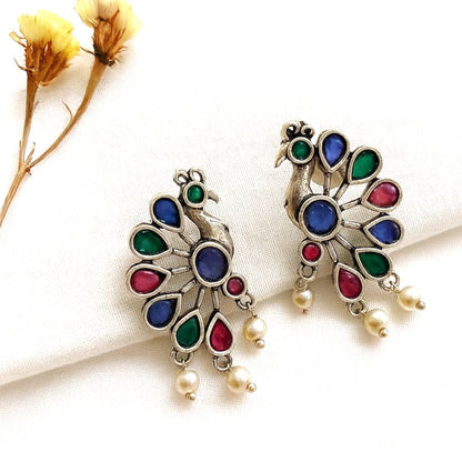 Mayurika: Multicolored Peacock Silver Toned Earrings