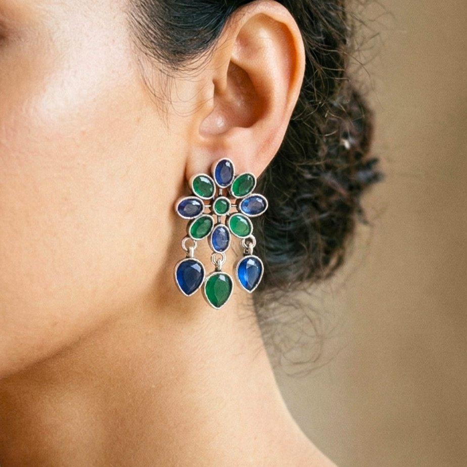 Stone Studded Peacock hued Floral Studs