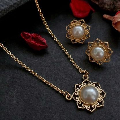 Golden Lotus: Pearl Studded Gold Toned Pendant and Earring Set