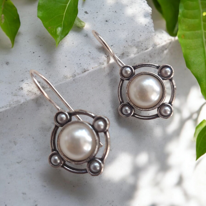 Pearl Orbit : Silver Toned Pearl Hoop Earring