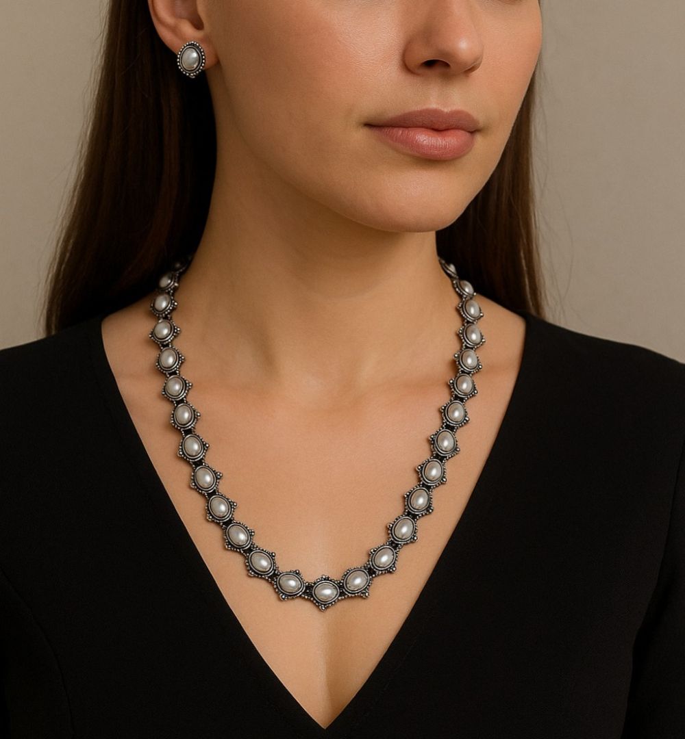 Noor: Statement Silver Toned Pearl Necklace and Earring Set