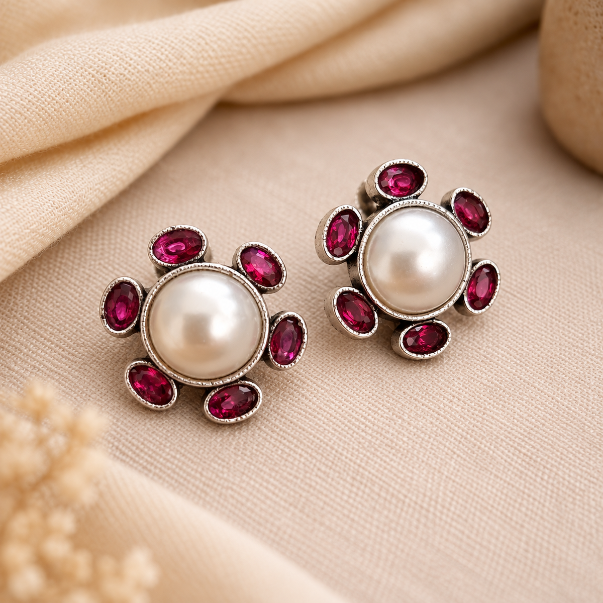 Pearl and Pink Stone Studded Floral Eartops | Stone Studded Earrings