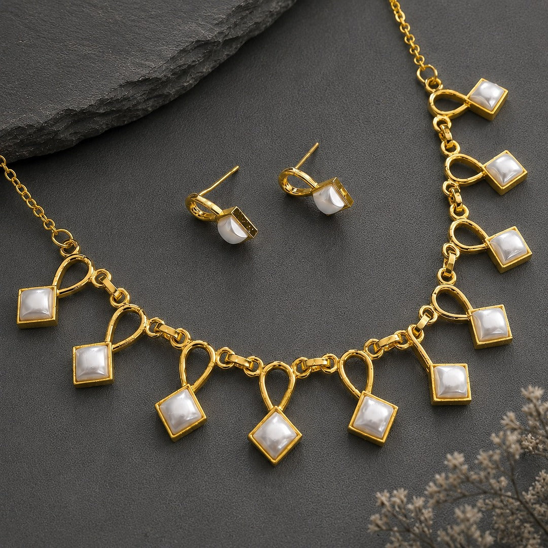Pearl Interlace: Gold Toned Pearl  Necklace and Earring Set