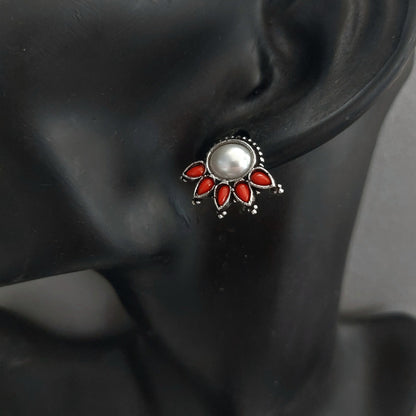 Coral Pearl Bud: Statement Stud Earrings with Pearl and Coral Beads