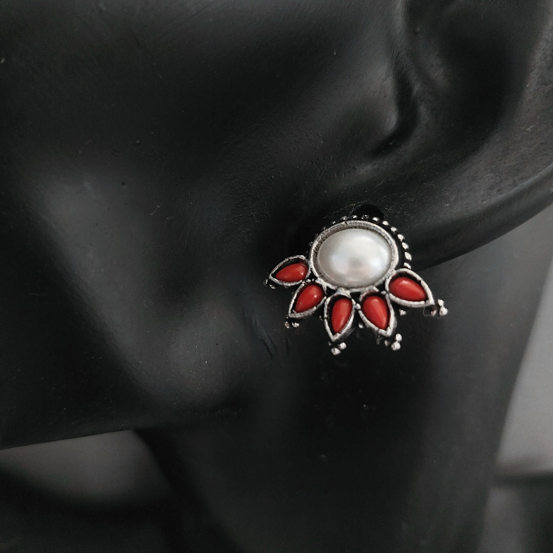 Coral Pearl Bud: Statement Stud Earrings with Pearl and Coral Beads