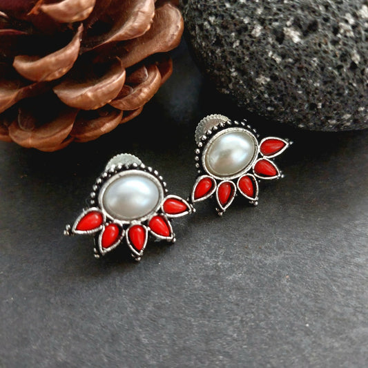 Coral Pearl Bud: Statement Stud Earrings with Pearl and Coral Beads