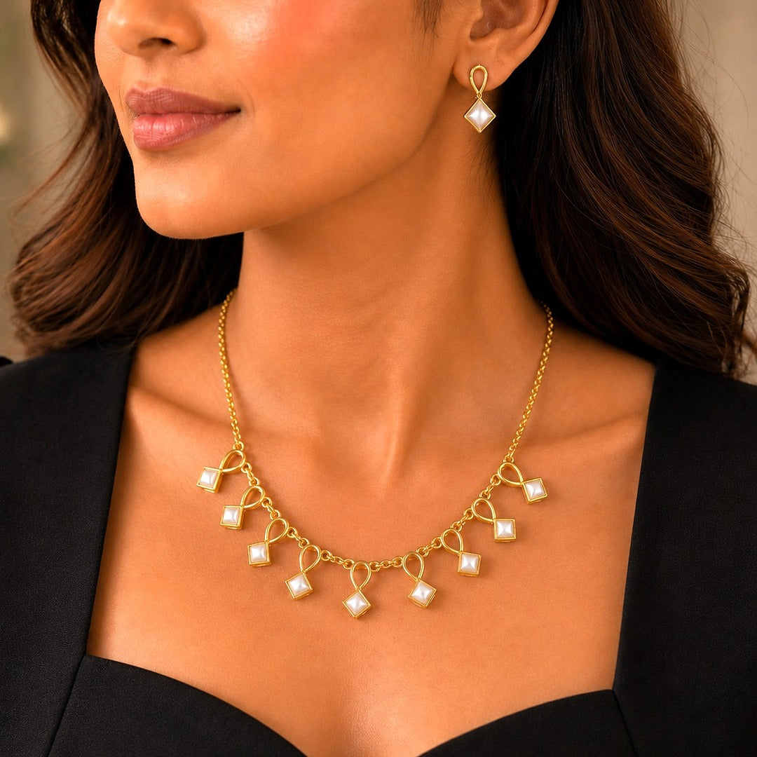Pearl Interlace: Gold Toned Pearl  Necklace and Earring Set