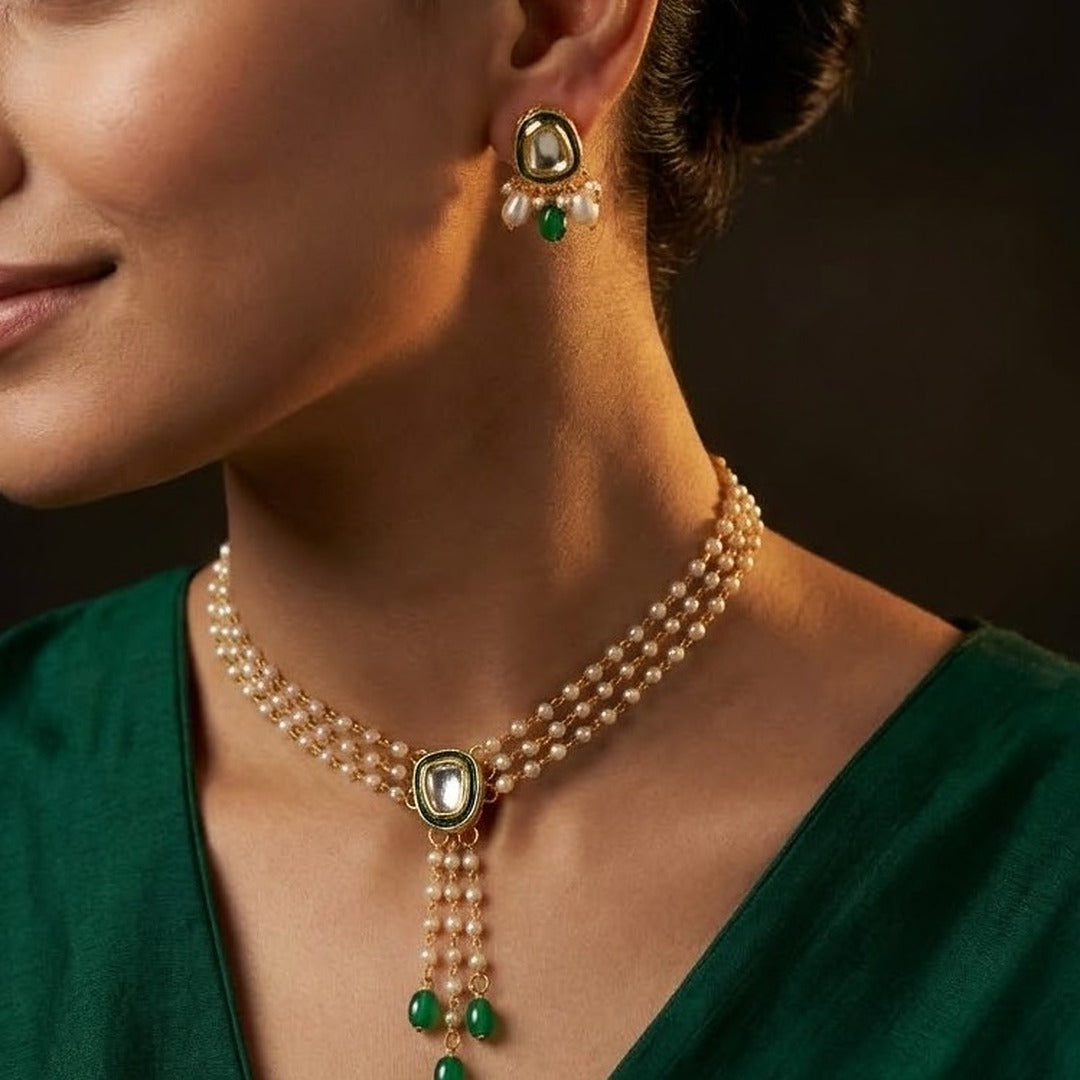 Sunehri: Layered Pearl Necklace and Earring Set
