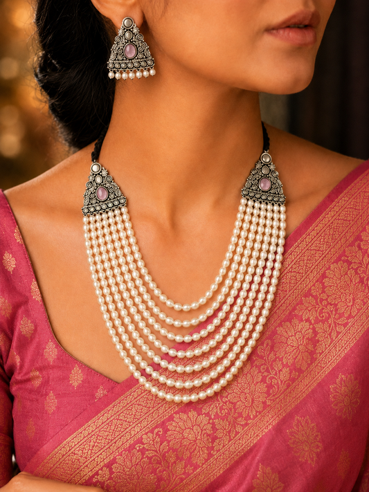 Shubhra : Layered pearl necklace Set-Pink (Limited Edition)