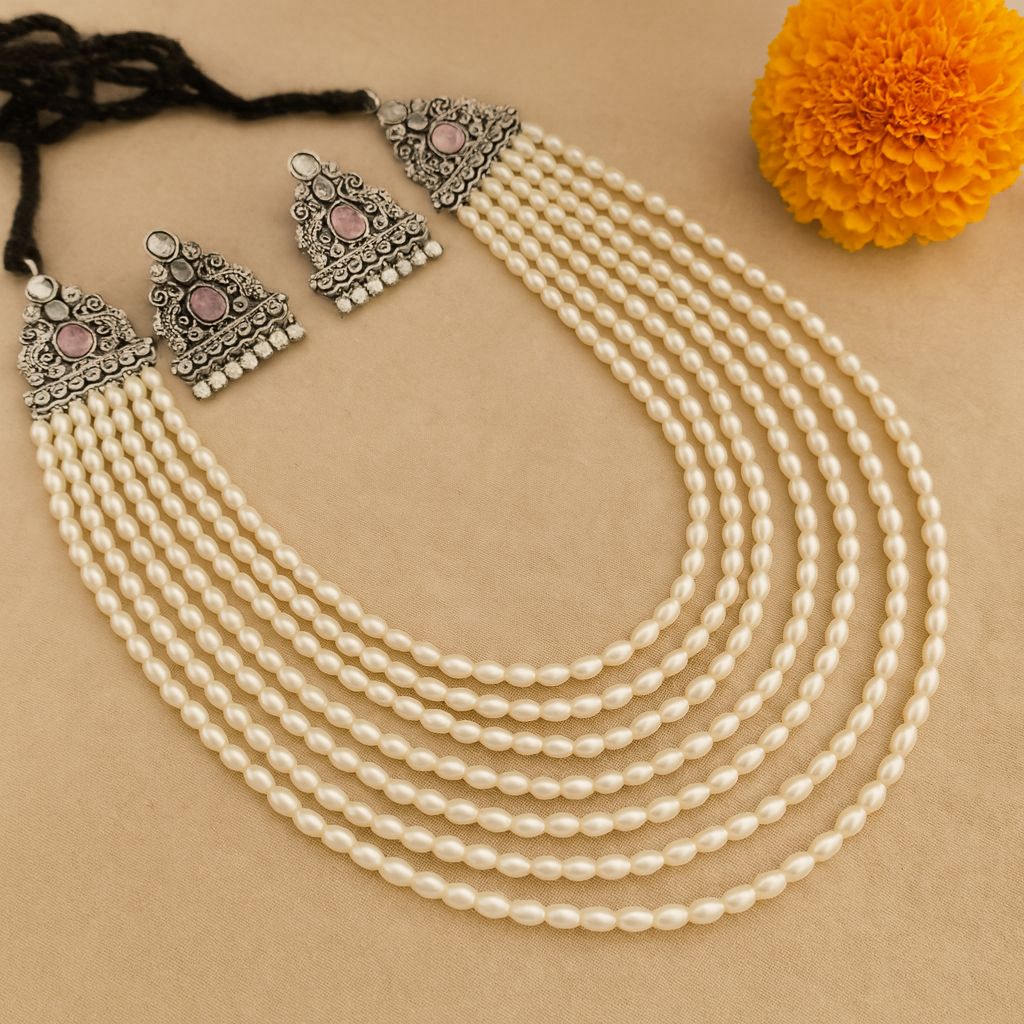 Shubhra : Layered pearl necklace Set-Pink (Limited Edition)