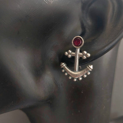 Anchor Earrings :  Pink Stone Studded Silver Toned Earring