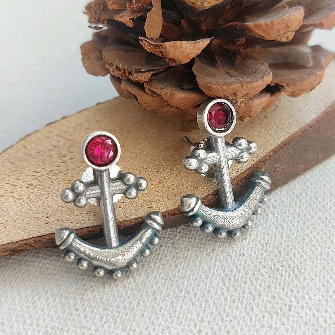 Anchor Earrings :  Pink Stone Studded Silver Toned Earring