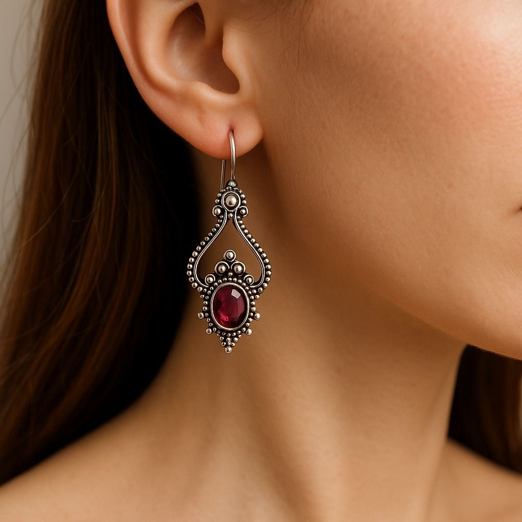 Ripple Curve: Silver Toned Pink Stone Earring