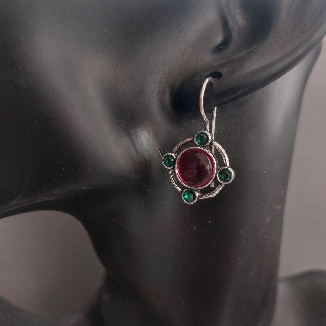 Magenta Orbit: Silver Toned Pink and Green Hoop Earring