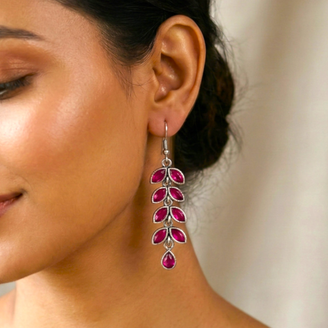 Stone Studded Long Earrings- Pink