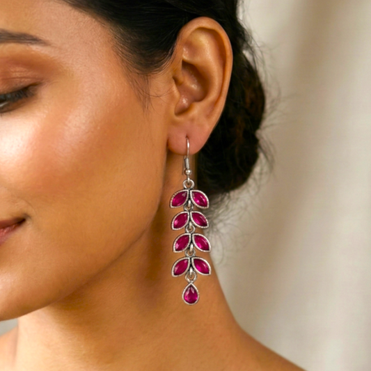 Stone Studded Long Earrings- Pink