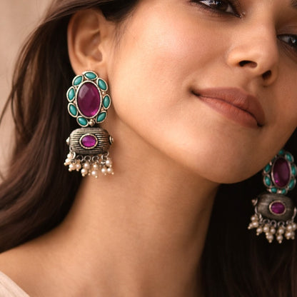 Gem Glow Artifacts: Dark Pink and Aqua Stone Danglers