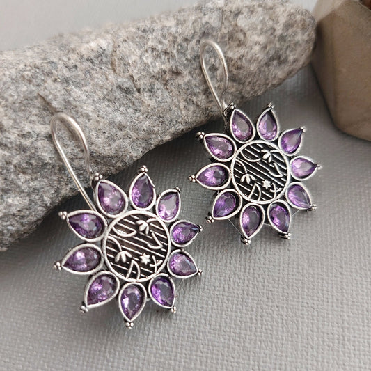 Lavender Petal Whispers: Oxidized Light Purple Stone Earrings
