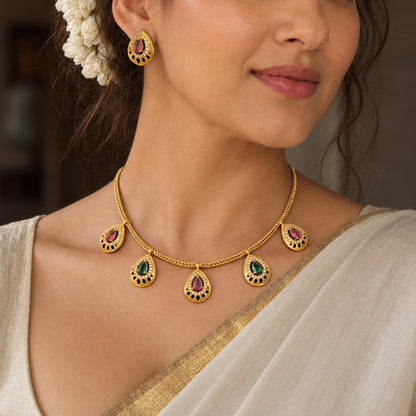 Ragini: Green and Majenta Stone Festive Necklace and Earring Set