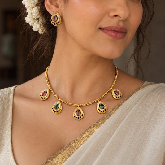 Ragini: Green and Majenta Stone Festive Necklace and Earring Set