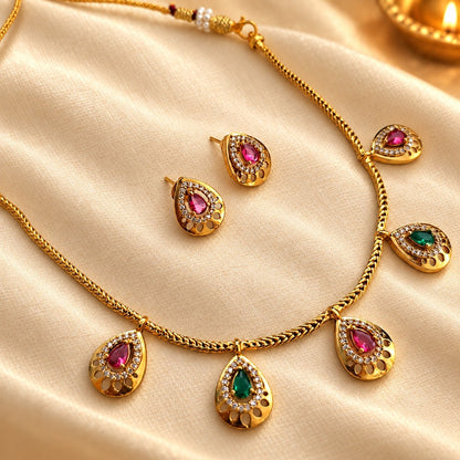 Ragini: Green and Majenta Stone Festive Necklace and Earring Set