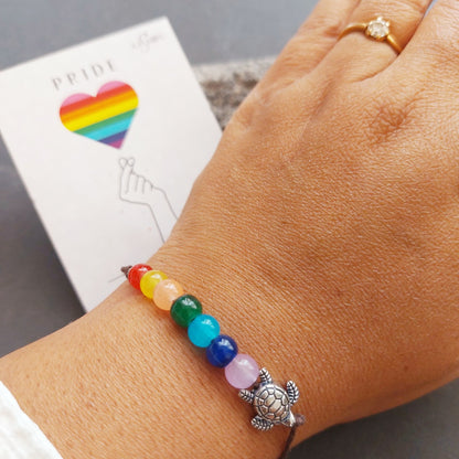 Turtle Charm: Rainbow Pride Thread Tie-Back Bracelet with Beads