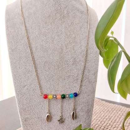 Rainbow Harmony: Silver-Toned Chain with Rainbow Pride Beads and Floral Motif