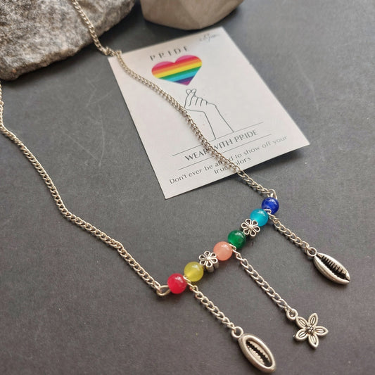 Rainbow Harmony: Silver-Toned Chain with Rainbow Pride Beads and Floral Motif