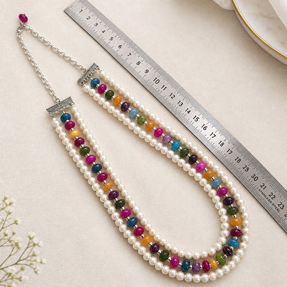 Aabhira: Triple Layer Multicolored Bead-Pearl Necklace and Earring Set