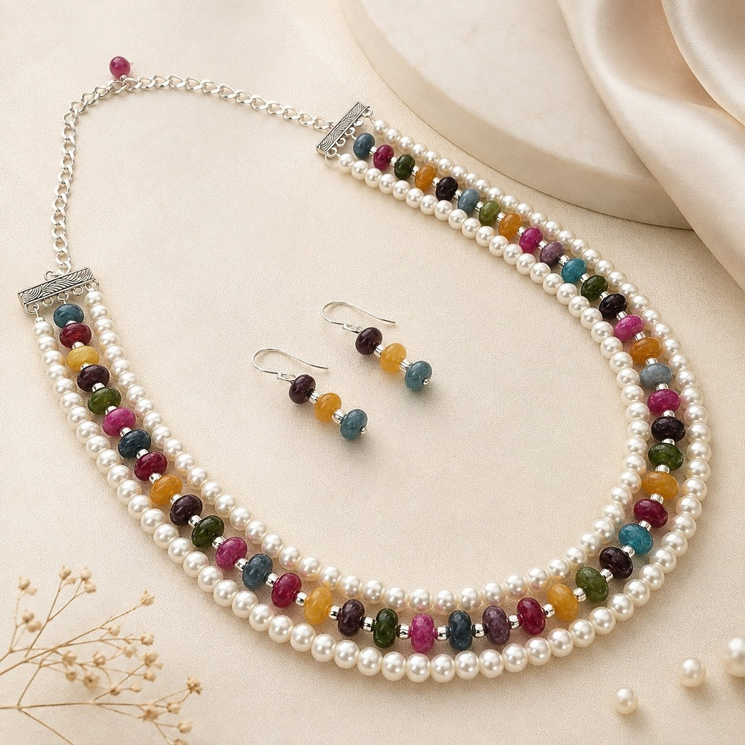 Aabhira: Triple Layer Multicolored Bead-Pearl Necklace and Earring Set