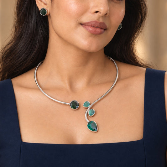Rajata: Silver Toned Hasli With Deep Green and Light Green Stones