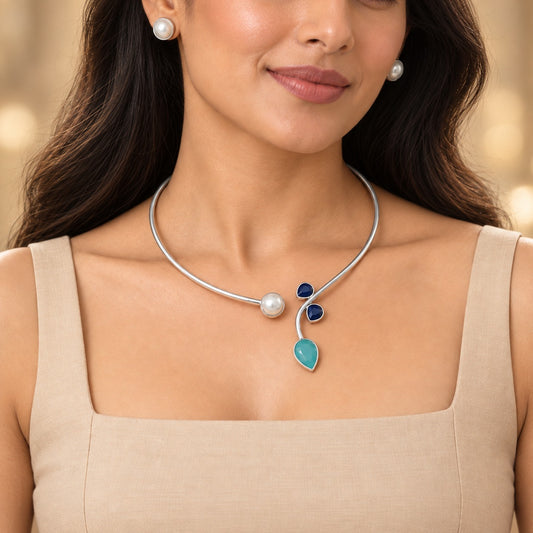 Rajata : Silver Toned Hasli with Pearl , Teal, and Deep Blue Stones