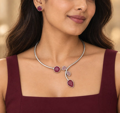 Rajata: Silver Toned Hasli with Deep Pink and Soft Pink Stones