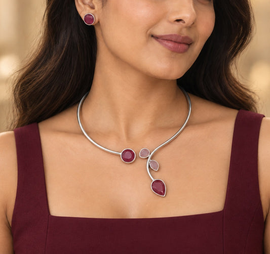 Rajata: Silver Toned Hasli with Deep Pink and Soft Pink Stones