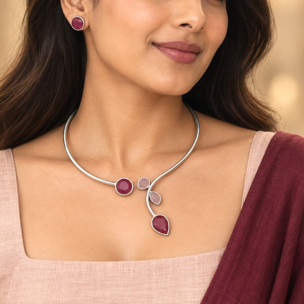 Rajata: Silver Toned Hasli with Deep Pink and Soft Pink Stones