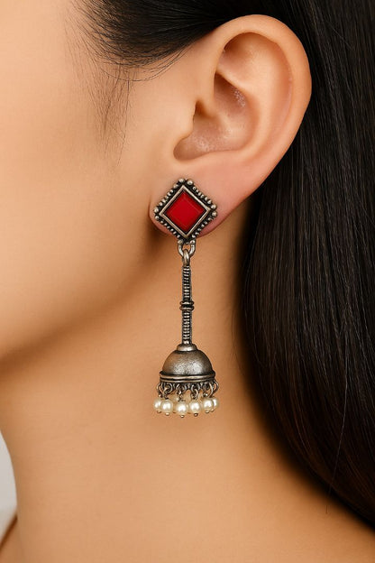 Jhumka Delight: Red Stone Silver Toned Jhumka
