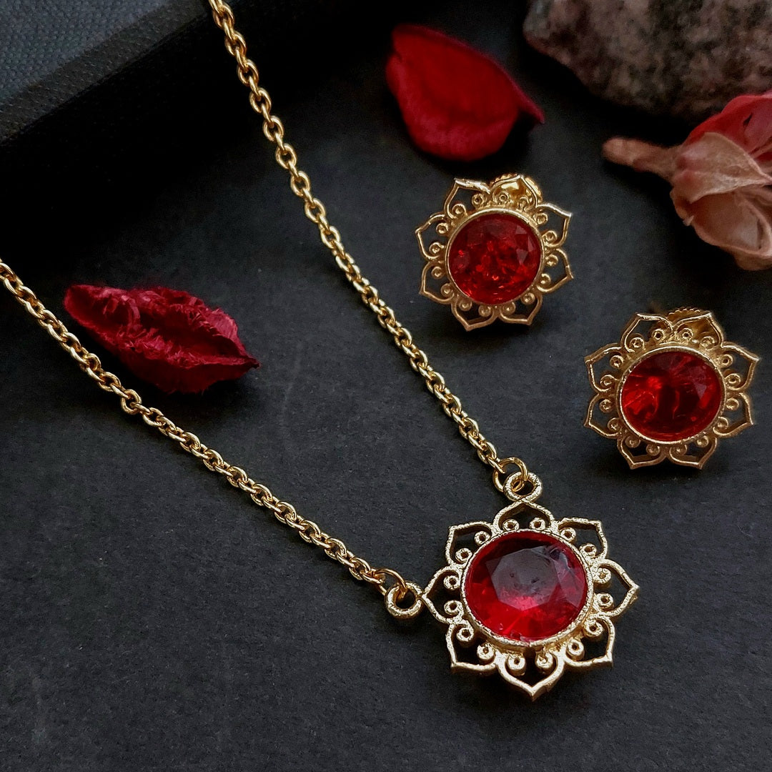 Golden Lotus: Vibrant Red Stone Gold Toned Pendant and Earring Set