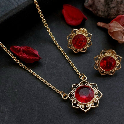 Golden Lotus: Vibrant Red Stone Gold Toned Pendant and Earring Set