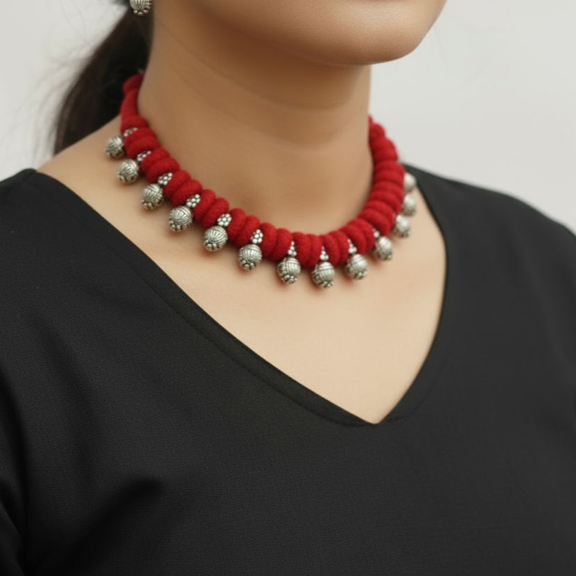 Desi Threads: Red Thread Bead and Silver Bead Motif Necklace and Earring