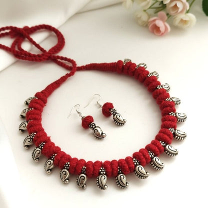 Desi Threads: Red Thread Bead and Silver Mango Motif Necklace and Earring