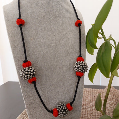 Crimson Radiance: Red Thread Bead and Silver Toned Beaded Necklace