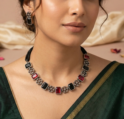 Ethnic Treasure: Black and Red Stone Necklace and Earring Set