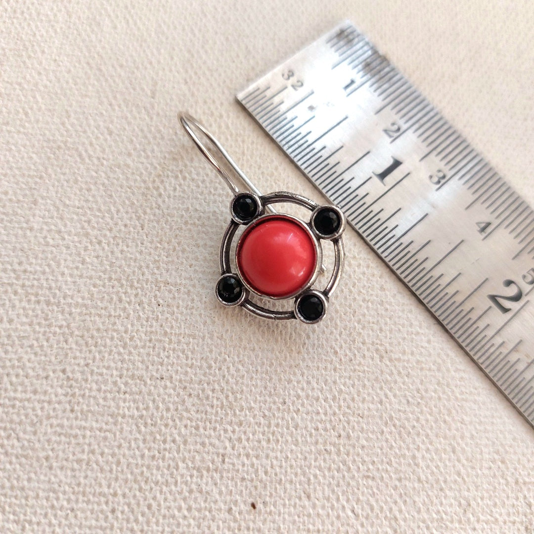 Coral Orbit: Silver Toned Red and Black Hoop Earrings