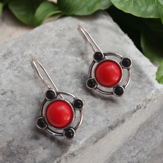 Coral Orbit: Silver Toned Red and Black Hoop Earrings