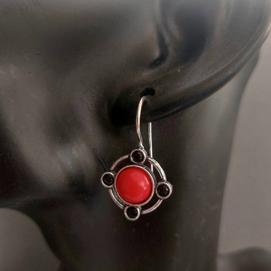 Coral Orbit: Silver Toned Red and Black Hoop Earrings