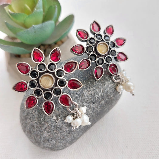 Cherry Drop Petals: Floral Red Stone Earring