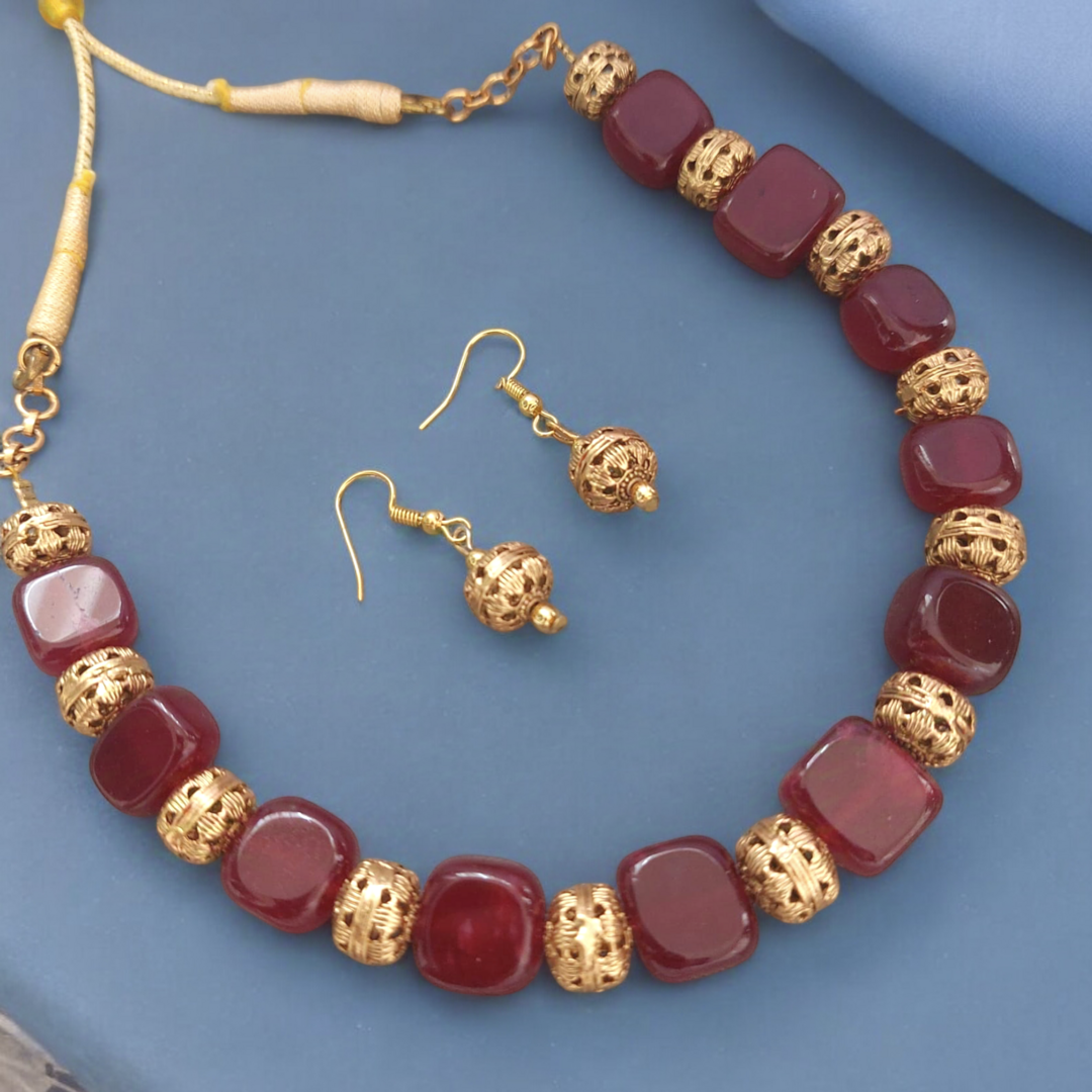 Golden Glow: Red Square Beads Necklace