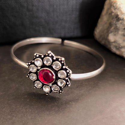 Adjustable silver Toned Bracelet With Red Stone: Starburst Radiance