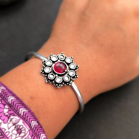 Adjustable silver Toned Bracelet With Red Stone: Starburst Radiance