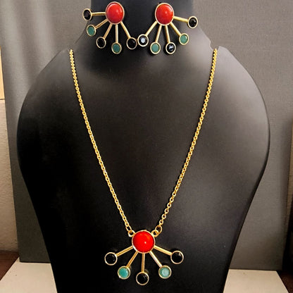 Utsav Grandeur : Red Black and Teal Pendant and Earring Set